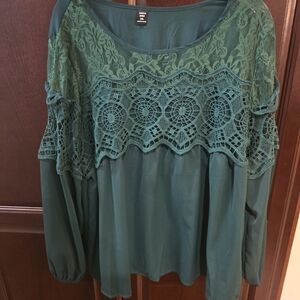 SHEIN Green Lace Accent Blouse